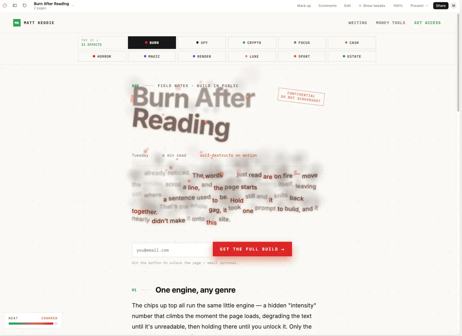 The Burn After Reading effect running live inside the Claude Design canvas, with the effect switcher and email capture visible